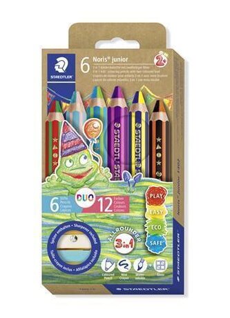 Coloured pencil set, duo colour, with sharpener, STAEDTLER "Noris® junior 140", 6 different colours