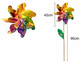 WIATRAK DUŻY HOLOGRAFICZNY 42CM ,DREWNIANY KIJEK 90CM Z9915