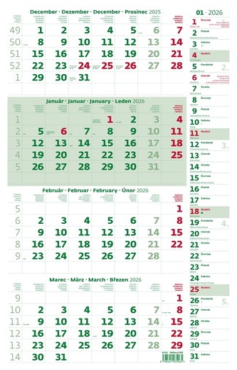 Nástěnný kalendář 2026 - čtyřměsíční zelený s poznámkami