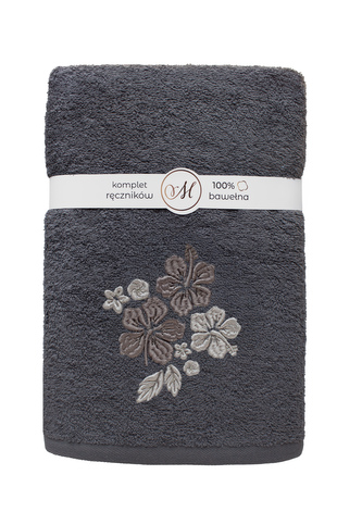RĘCZNIK KPL.MARIBELLA 3 SZT./30X50/50X100/70X140/ FROTTE HAFT 004 HIBISKUS CIEMNY SZARY
