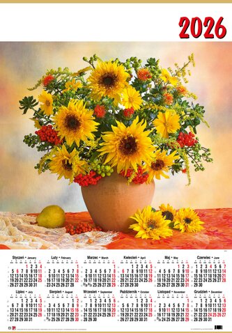 Kalendarz ścienny jednoplanszowy B1 nr 3 Kwiaty 2026 darmowa wysyłka od 30szt (poniżej tej ilości wysyłka na koszt klienta) dopuszczalne mieszanie wzorów