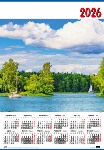 Kalendarz ścienny jednoplanszowy B1 nr 8 Mazury 2026 darmowa wysyłka od 30szt (poniżej tej ilości wysyłka na koszt klienta) dopuszczalne mieszanie wzorów