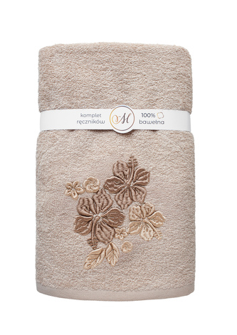 RĘCZNIK KPL.MARIBELLA 3 SZT./30X50/50X100/70X140/ FROTTE HAFT 004 HIBISKUS KAWA Z MLEKIEM