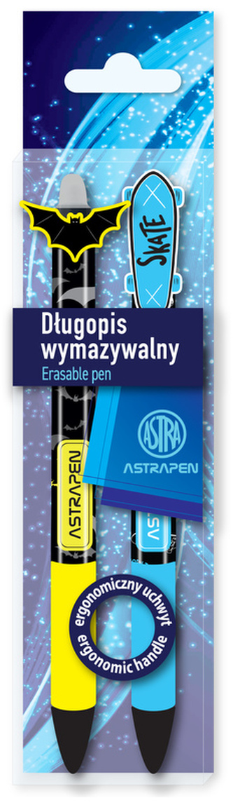 Długopis automatyczny wymazywalny z gumowym uchwytem 0,5 mm Pen Oops! Skate & Bats2szt. PET box, Astra