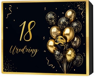 Pudełko prezentowe 18 urodziny, czarne i złote balony (22,5x17,5x4cm)