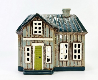Keramický domek na čajovou svíčku, světle zelený 15,5x16x10,5 cm