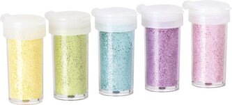 5 ks Glitry mix - každá dóza 4g, výklopné víčko, drobné dírky na sypání. Balení výška 76mm x průměr 18mm.