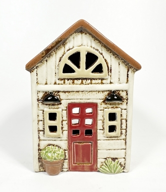 Keramický domek na čajovou svíčku, krémový s červenými dveřmi 16,5x12,5x9,5 cm