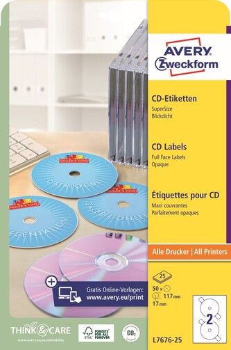 Avery Zweckform L7676-25 Etikety na CD Ø 117 mm, 25 archů, bílé Avery Zweckform L7676-25 Etikety na CD Ø 117 mm, 25 archů, bílé