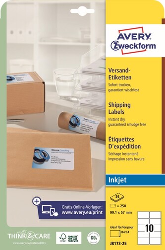 Avery Zweckform J8173-25 Etikety na zásilky pro Inkjet 99,1x57 mm, 25 archů, bílé