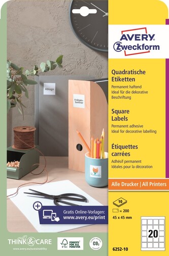 Avery Zweckform 6252-10 Čtvercové etikety 45 × 45 mm, 200 ks, 10 archů A4, bílé Avery Zweckform 6252-10 Čtvercové etikety 45 × 45 mm, 200 ks, 10 archů A4, bílé