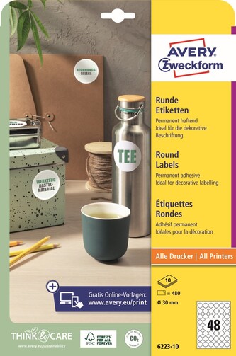 Avery Zweckform 6223-10 Kulaté etikety Ø 30 mm, 480 ks, 10 archů A4, bílé Avery Zweckform 6223-10 Kulaté etikety Ø 30 mm, 480 ks, 10 archů A4, bílé