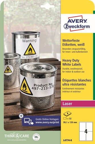 Avery Zweckform L4774-8 Odolné etikety 99,1 × 139 mm, 32 ks, 8 archů A4, bílé, PET