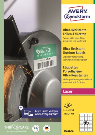 Avery Zweckform B7651-50 Ultra odolné etikety 38 x 21 mm, 3 250 ks, 50 archů A4, bílé, PE
