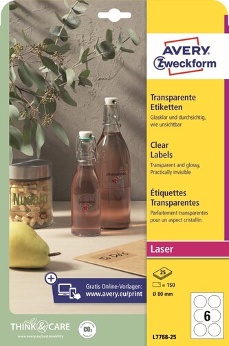 Avery Zweckform L7788-25 Čiré etikety Ø 80 mm, 150 ks, 25 archů A4, lesklá PET fólie