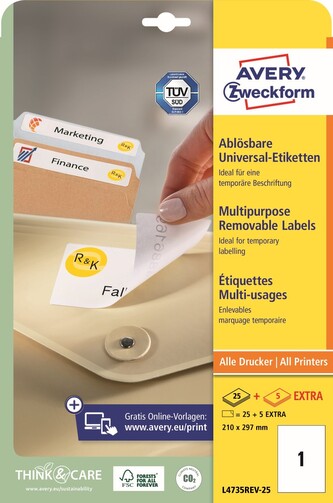 Avery Zweckform L4735REV-25 Snímatelné etikety 210 × 297 mm, 30 ks, 30 archů A4, bílé Avery Zweckform L4735REV-25 Snímatelné etikety 210 × 297 mm, 30 ks, 30 archů A4, bílé