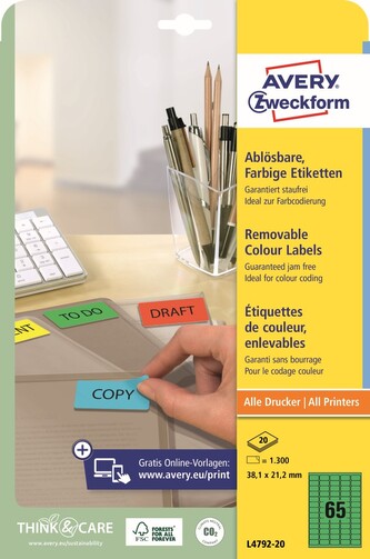 Avery Zweckform L4792-20 Barevné etikety 38,1 × 21,2 mm, 1 300 ks, 20 archů A4, zelené, snímatelné