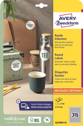 Avery Zweckform 6221REV-10 Kulaté etikety Ø 10 mm, 3 150 ks, 10 archů A4, bílé, snímatelné Avery Zweckform 6221REV-10 Kulaté etikety Ø 10 mm, 3 150 ks, 10 archů A4, bílé, snímatelné