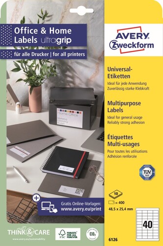 Avery Zweckform 6126 Samolepicí etikety 48,5 × 25,4 mm, 400 ks, 10 archů A4, bílé