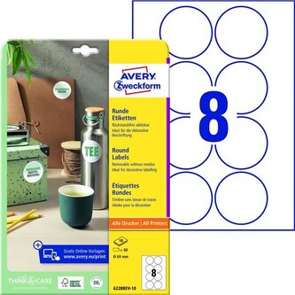 Avery Zweckform 6228REV-10 Kulaté etikety Ø 69 mm, 80 ks, 10 archů A4, bílé, snímatelné