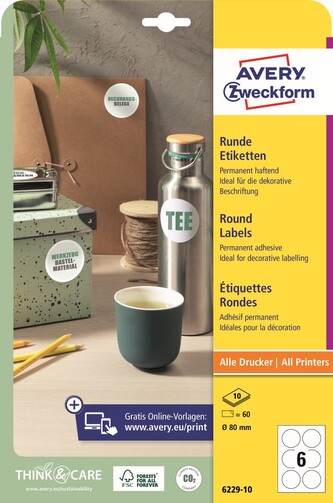 Avery Zweckform 6229-10 Kulaté etikety Ø 80 mm, 60 ks, 10 archů A4, bílé