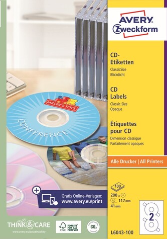 Avery Zweckform L6043-100 Etikety na CD Ø 117 mm, 100 archů, bílé Avery Zweckform L6043-100 Etikety na CD Ø 117 mm, 100 archů, bílé