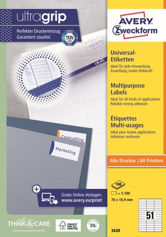Avery Zweckform 3420 Samolepicí etikety 70 × 16,9 mm, 5 100 ks, 100 archů A4, bílé