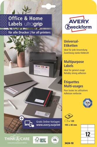Avery Zweckform 3424-10 Samolepicí etikety 105 × 48 mm, 120 ks, 10 archů A4, bílé