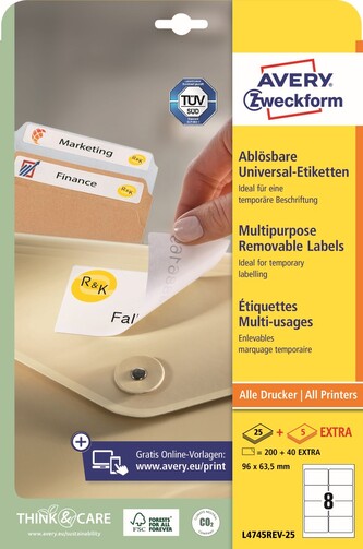 Avery Zweckform L4745REV-25 Snímatelné etikety 96 × 63,5 mm, 240 ks, 30 archů A4, bílé Avery Zweckform L4745REV-25 Snímatelné etikety 96 × 63,5 mm, 240 ks, 30 archů A4, bílé
