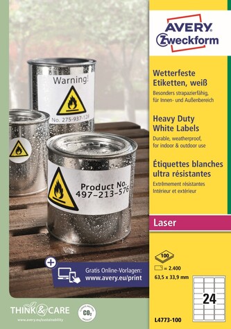 Avery Zweckform L4773-100 Odolné etikety 63,5 × 33,9 mm, 2 400 ks, 100 archů A4, bílé, PET Avery Zweckform L4773-100 Odolné etikety 63,5 × 33,9 mm, 2 400 ks, 100 archů A4, bílé, PET