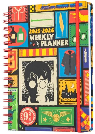Plánovací týdenní diář A5 2025/2026 Harry Potter se samolepkami, záložkami a obálkou (14,8 x 21 cm)