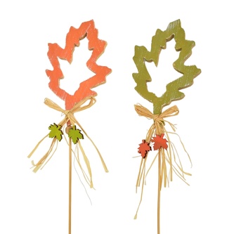 Dřevěný list s lýkovou mašlí zápich zelený a oranžový 30 cm, set 2 ks