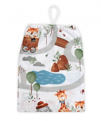 Pytlík na přezůvky 40x32cm, bavlna, ZOO ve vlaku, bílá s potiskem