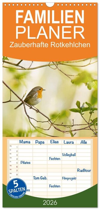 Familienplaner 2026 - Zauberhafte Rotkehlchen mit 5 Spalten (Wandkalender, 21 x 45 cm) CALVENDO