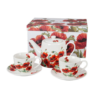 Zestaw dzbanek z zaparzaczem ze stali nierdzewnej i 2 filiżanki ze spodkami CLASSIC POPPIES