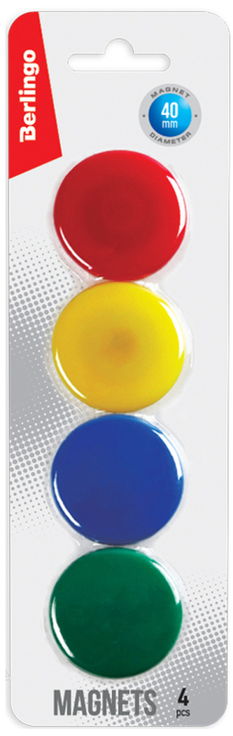 Magnesy do tablic, okrągłe, śred. 40mm, 4 szt., zaw. euro, różne kolory, Berlingo
