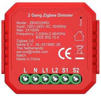 NEDIS chytrý duální spínač osvětlení/ 2x 100W/ připojení terminálu/ Zigbee 3.0/ Android/ iOS/ Nedis® SmartLife/ červený