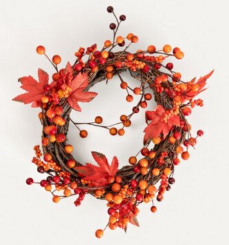 Věnec | WENC | s oranžovými kuličkami a listy | 25 cm | 752759