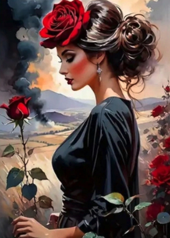 Diamantový obrázek profil dámy s růžemi  30 x 40 cm