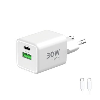 Síťová nabíječka GaN 2x USB 30W + kabel USB-C - bílá Síťová nabíječka GaN 2x USB 30W + kabel USB-C - bílá