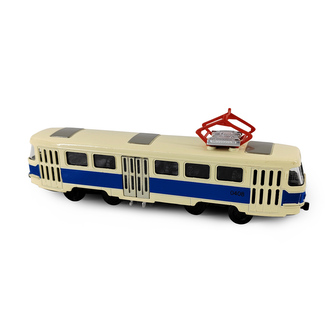 Kovová česká retro tramvaj modrá 16 cm se světlem a zvukem