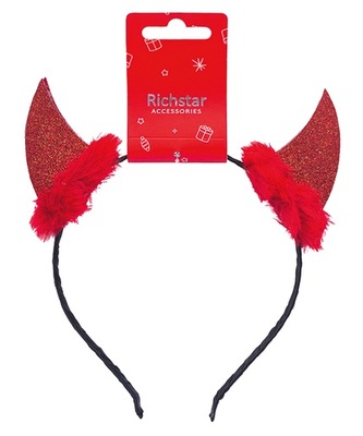 Čelenka do vlasů čertovské rohy z filcu s kožíškem červené, obvod 37 cm Čelenka do vlasů čertovské rohy z filcu s kožíškem červené, obvod 37 cm
