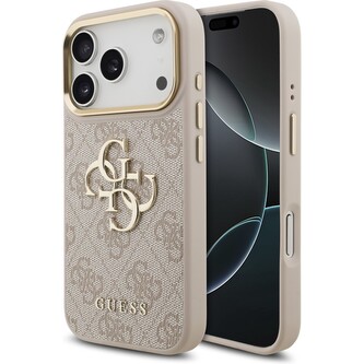Guess PU Leather 4G Metal Logo Gold Frame kryt iPhone 17 Pro růžový
