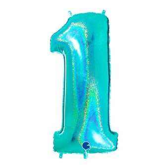 Nafukovací balónek číslo 1 tyrkys holografický 102 cm - Grabo
