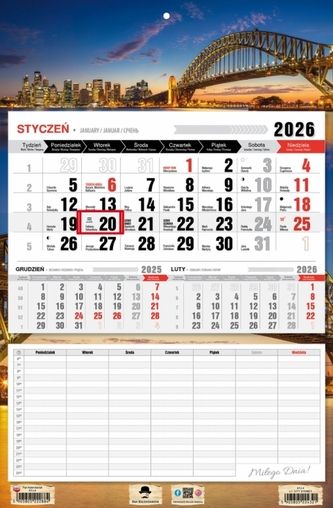 Kalendarz jednodzielny 2026 z planem zajęć\n KTJ-4