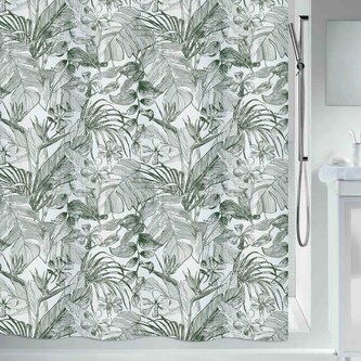 Spirella sprchový závěs TROPIC, tropický motiv, bílý, 180 x 200 cm, polyester