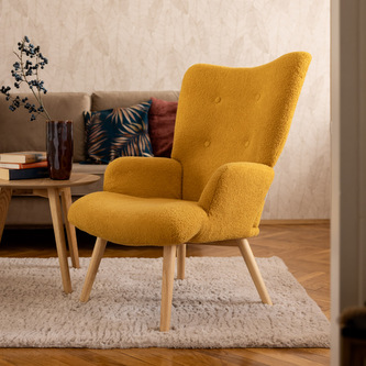 Fotel MOSS w tkaninie TEDDY BOUCLÉ musztardowy 70x95 cm