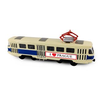 Kovová česká retro tramvaj modrá 16 cm PRAGUE otevírací dveře