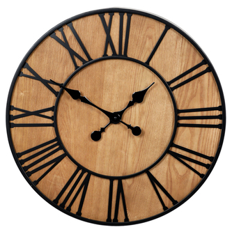 Hodiny nástěnné, z kovu a MDF s jasanovou dýhou.