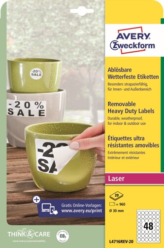Avery Zweckform L4716REV-20 Snímatelné kulaté odolné PET etikety Ø 30 mm, bílé Avery Zweckform L4716REV-20 Snímatelné kulaté odolné PET etikety Ø 30 mm, bílé